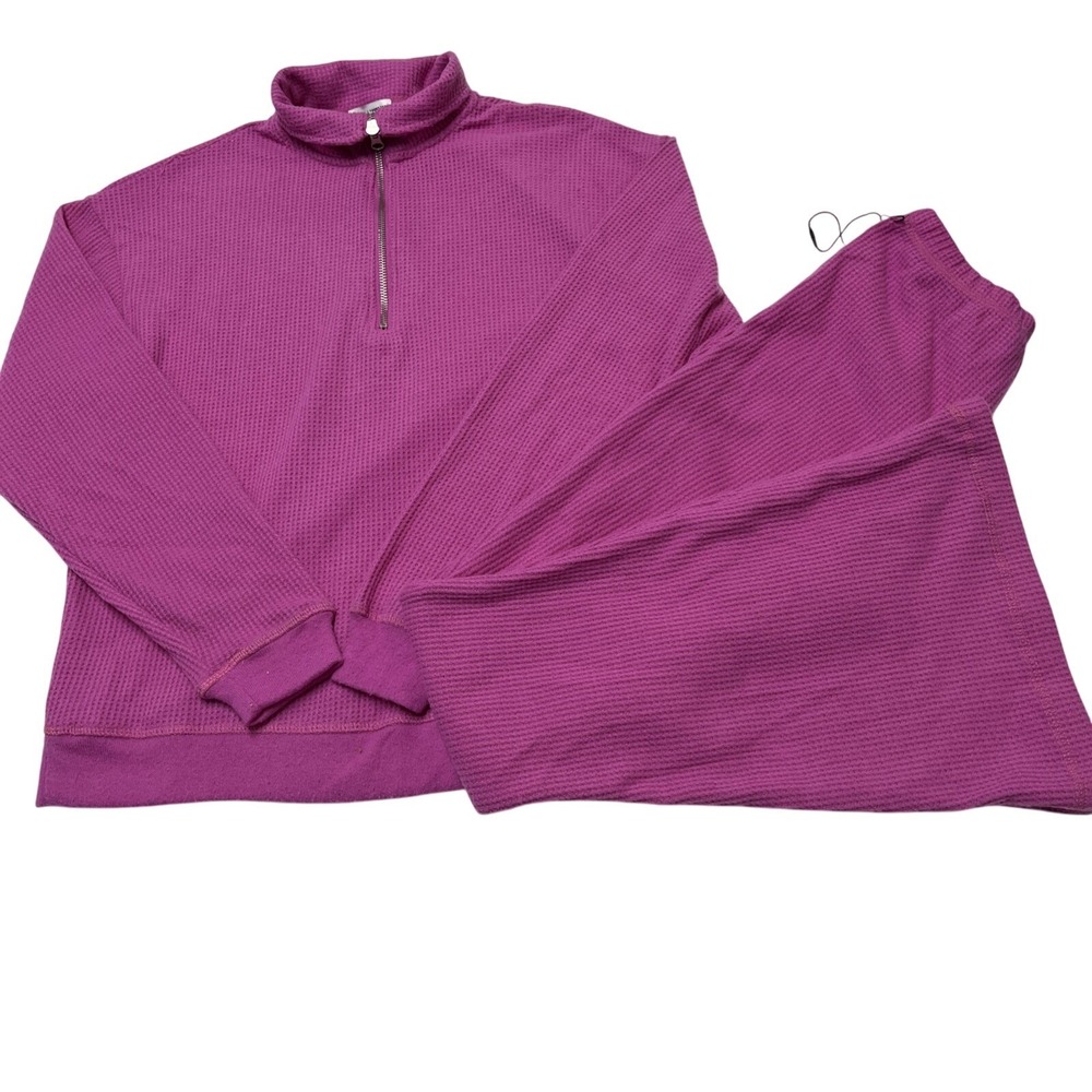 Womens Thermal Lounge Set Size XS Pink Pull On Wide Leg Cropped Pullover Comfort